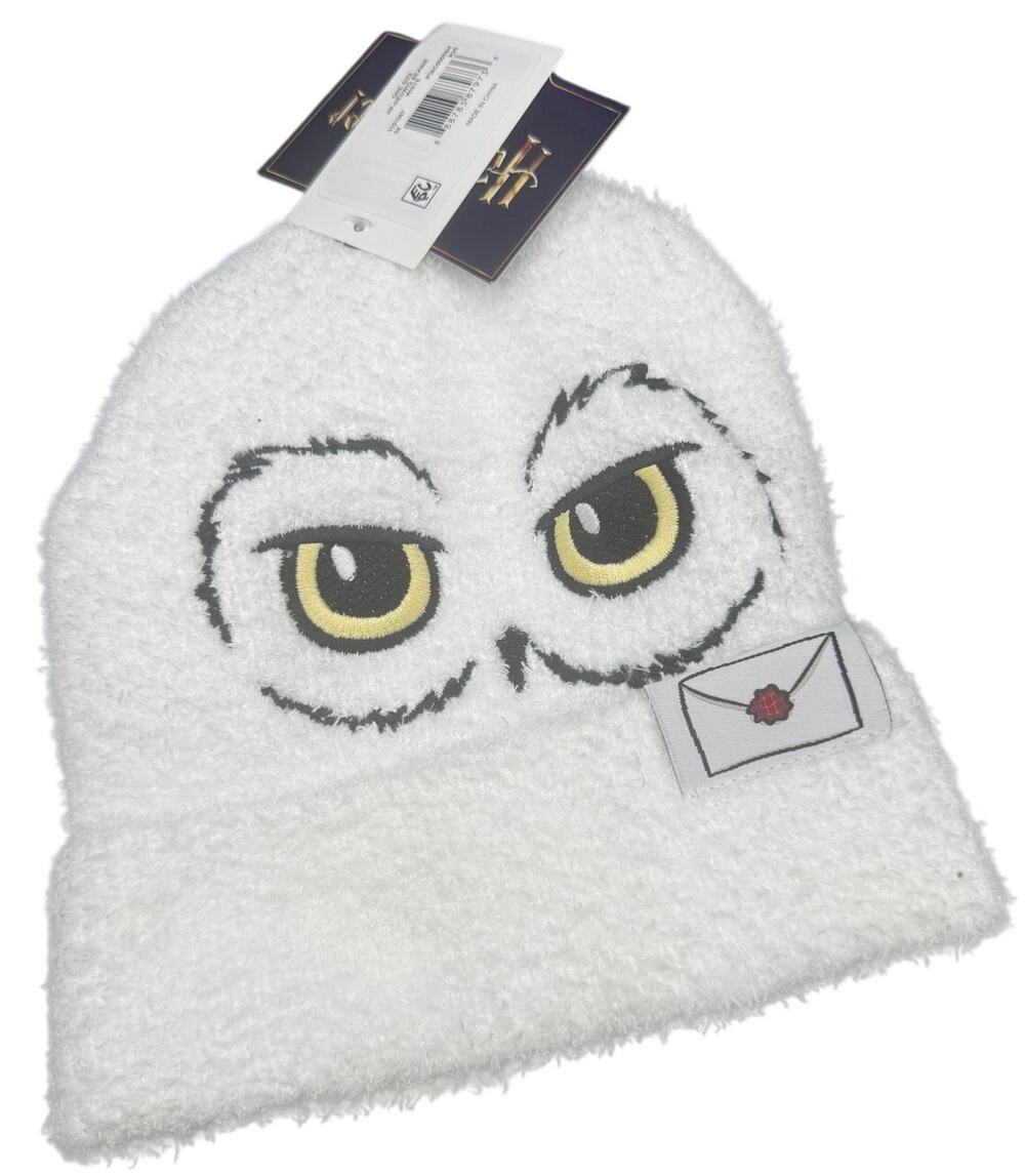 Harry Potter Womens Hedwig Owl Letter Fuzzy Knit Beanie Winter Hat NWT White OS